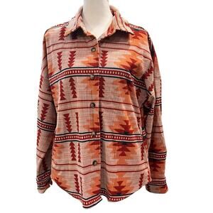 Savanna Jane Aztec Print Corduroy Shacket Size Small Pockets Orange Red Blue